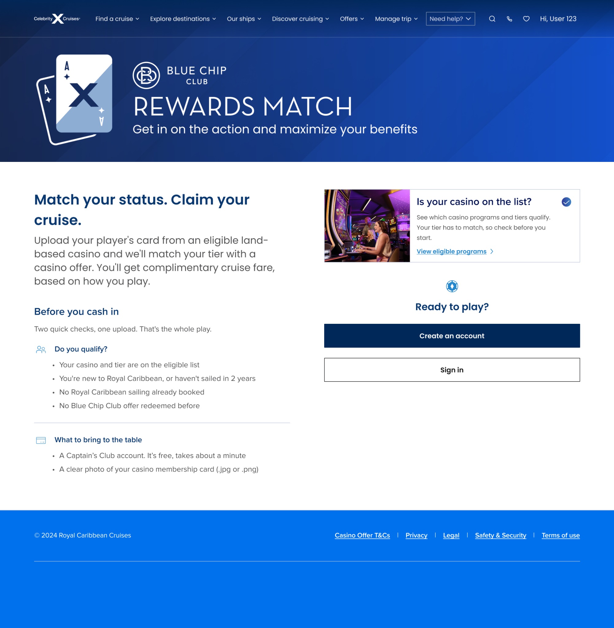 Celebrity Blue Chip Club Rewards Match desktop design with program explanation, eligibility checklist and account-entry actions