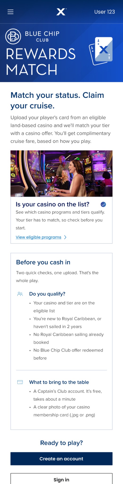 Celebrity Rewards Match mobile design showing eligibility, preparation, Create an account and Sign in