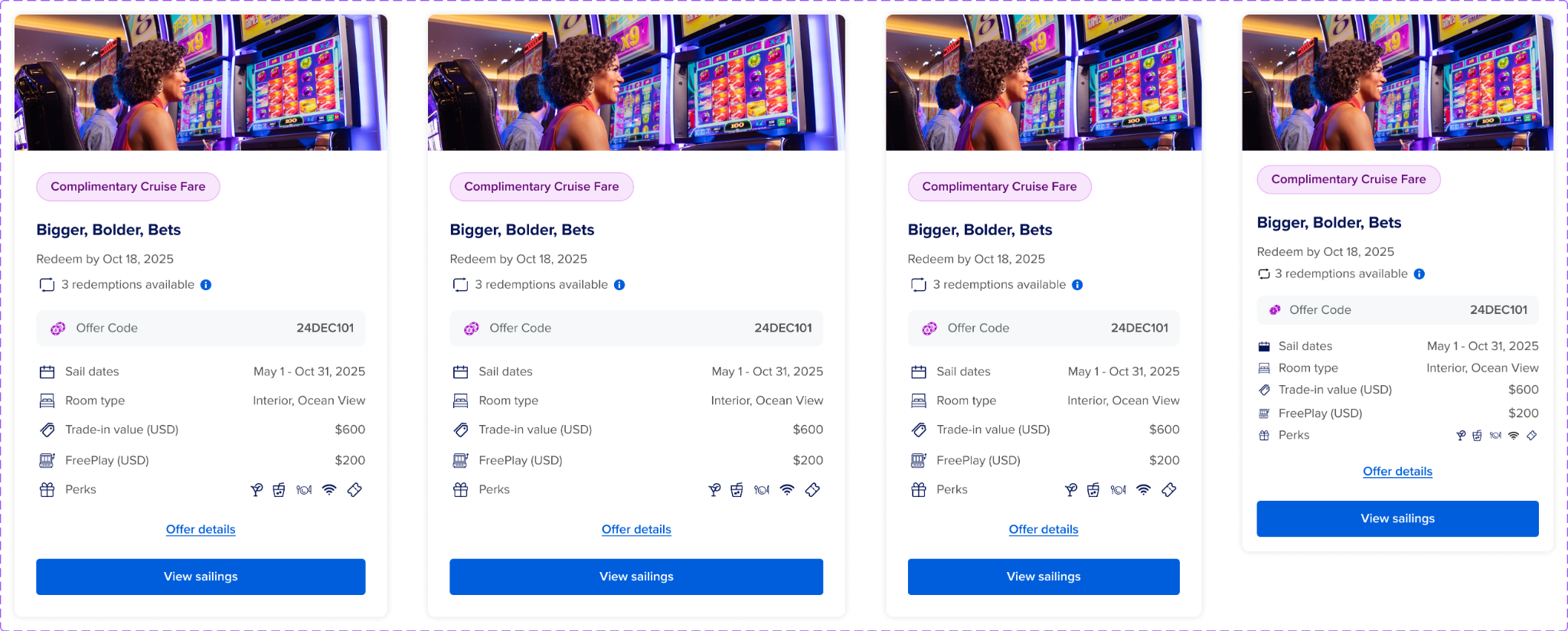 First offer-card variant: complimentary cruise fare, offer name, redemption deadline and availability, offer code, sailing and benefit facts, Offer details link and View sailings button