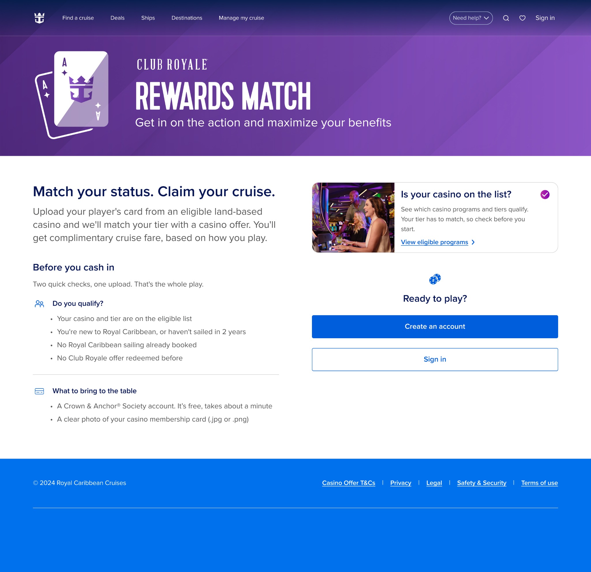 Rewards Match desktop landing design with program introduction, qualification checklist, eligible-programs panel, Create an account and Sign in actions