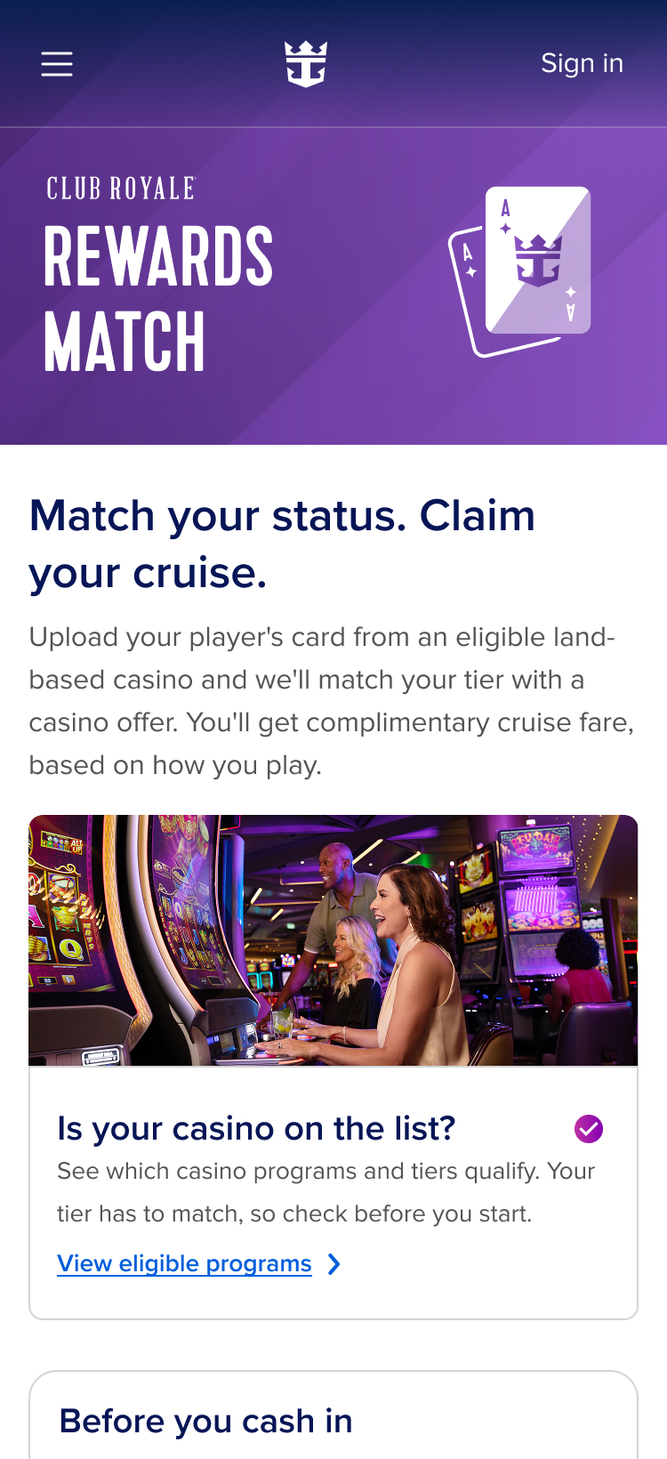 Rewards Match mobile landing-page excerpt with stacked program introduction, casino photo and eligible-programs panel